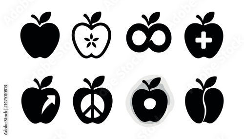 Apple symbol icons set – silhouette, fruit and health motifs for various concepts