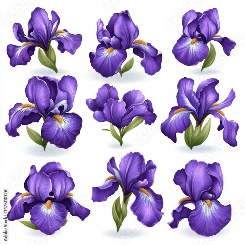 Collection of Purple Iris Flowers in Various Poses on White Background Detailed Floral Illustration of Spring Blooms