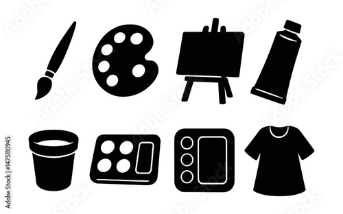 Painting tools icons set – silhouette, art accessories and creative equipment symbols