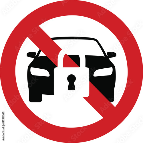 No Unlocked Car Sign black silhouette with open lock and red slash, reflecting security and prevention through a minimalist vector