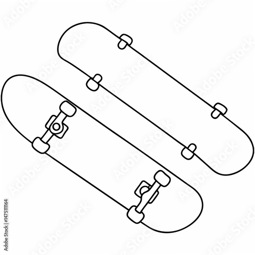 Minimalist line drawing illustration of two skateboard decks in abstract composition