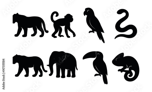 Jungle animal silhouettes icons set – simple, wildlife and nature shadow symbols