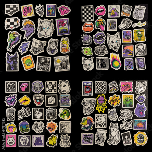 Graphic Sticker Collection: A vibrant assortment of graphically-designed stickers in various shapes and styles, arranged artfully in a grid pattern.