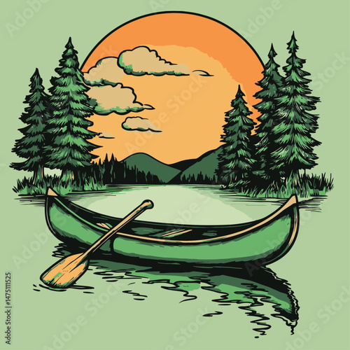 Serene Canoe on Calm Lake with Pine Trees and Sunset Background