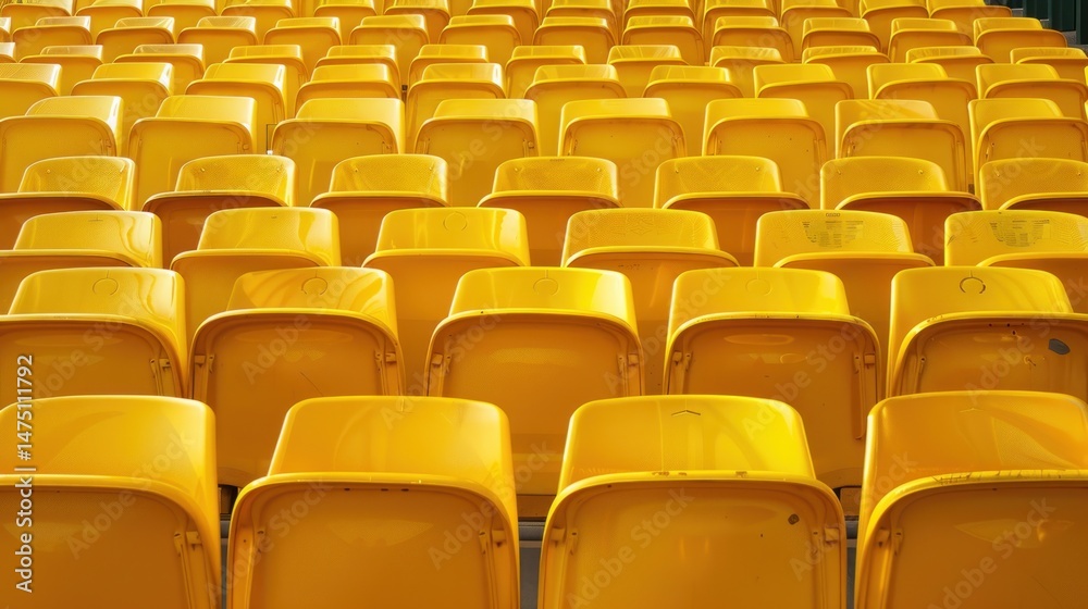 Obraz premium Empty rows arranged yellow seats of outdoor tribune sport building stadium.
