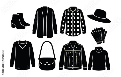 Fall fashion essentials icons set – silhouette, style and seasonal wardrobe symbols