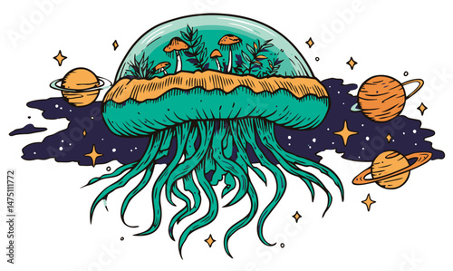 Surreal Jellyfish Spaceship with Plant Life and Planets in Space