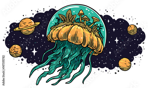 Colorful Jellyfish with Planets and Mushrooms in a Cosmic Background