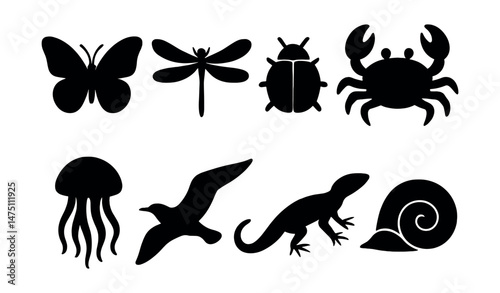 Summer wildlife silhouette icons set – simple animal and nature design elements