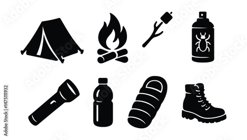 Summer camping silhouette icons set – simple, outdoor and adventure symbols