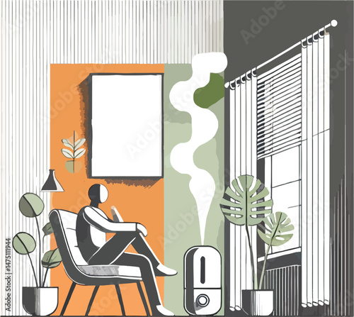 Relaxed person in a modern interior with a humidifier and house plants illustration