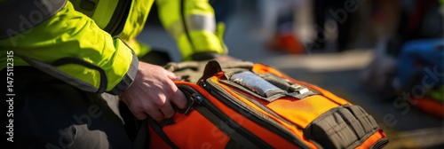 Paramedic Prepares for Emergency Response by Opening a Medical Bag in a Side Light Zone During a Critical Situation