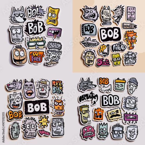 Character Sticker Set: A vibrant collection of unique character stickers featuring whimsical and quirky faces with the word "BOB" printed on them. perfect for adding a touch of personality to laptops.