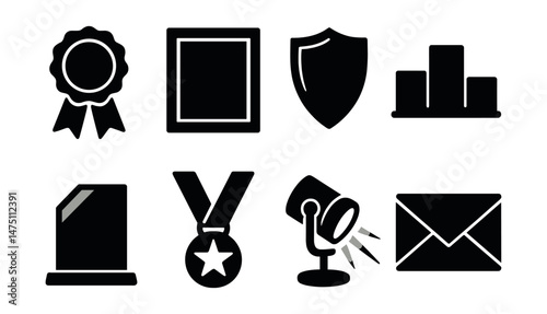 Award recognition icons set – silhouette trophies, medals, and achievement symbols