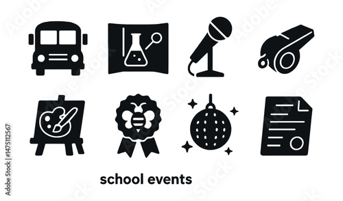 School event icons set – silhouette, education and activity graphic symbols
