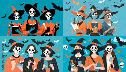 Halloween Witches Illustration: A vibrant illustration featuring four groups of witches celebrating Halloween, each with unique costumes and accessories, against a teal backdrop with flying bats.