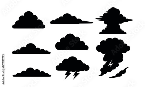 Cloud types icons set – silhouette, weather and atmospheric symbols collection