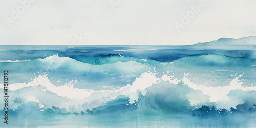 Beautiful soft blue sea water, ocean wave background. Soft blue and white hand printed creative marble texture ocean background.	