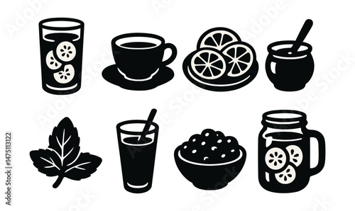 Spa refreshments icons set – silhouette, wellness and relaxation symbol collection