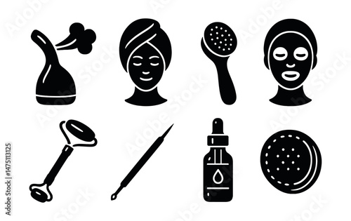 Facial treatment silhouette icons set – skincare, beauty and spa symbols