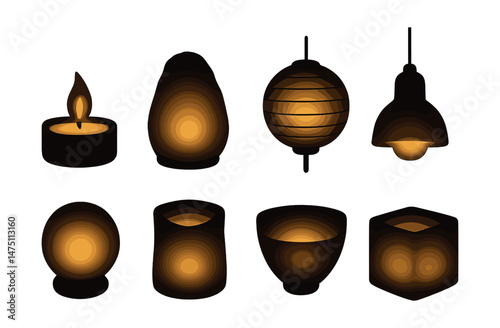 Relaxing spa lighting icons set – silhouette, ambient illumination and relaxation symbols