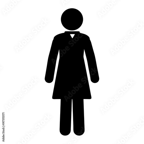 Simple icon depicting a standing woman with a dress and rounded head