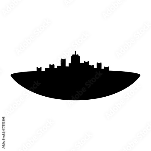 Abstract city skyline silhouette on an elliptical shape against white background