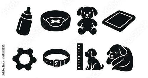 Puppy care essentials icons set – silhouette, pet grooming and canine supplies symbols