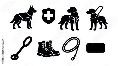 Working dogs silhouette icons set – simple canine and service dog symbols