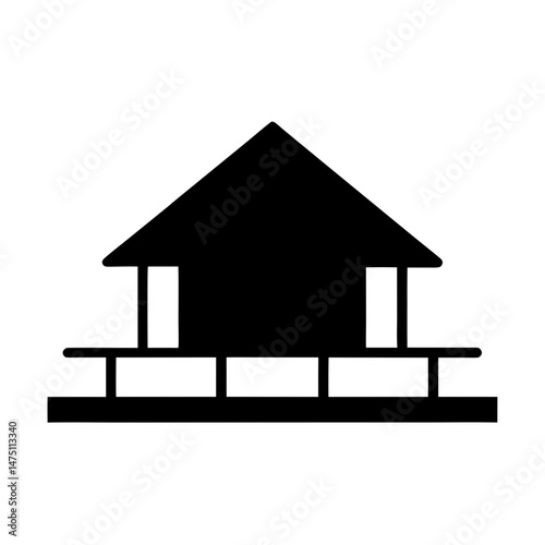 Iconic representation of simple traditional house on stilts in black and white