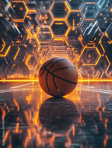 A basketball rests on a futuristic court, illuminated by vibrant orange and metallic hexagonal patterns