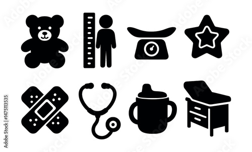 Pediatric care icons set – silhouette style, healthcare and child wellness symbols