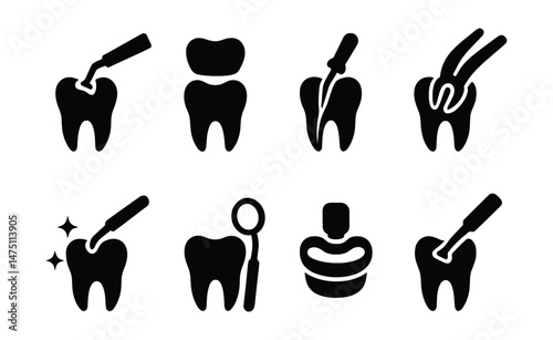 Dental procedures icons set – silhouette, dentistry and oral health symbols