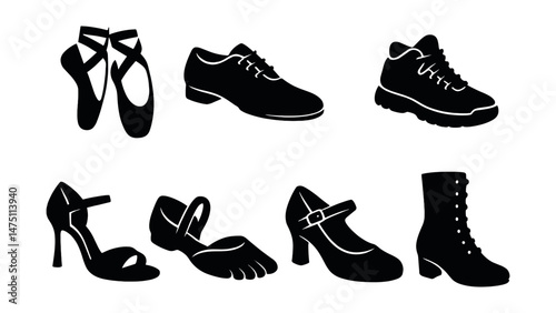 Dance shoe silhouette icons set – elegant footwear and ballet symbols for design