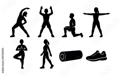 Dance warm-up silhouette icons set – simple, exercise and fitness symbols