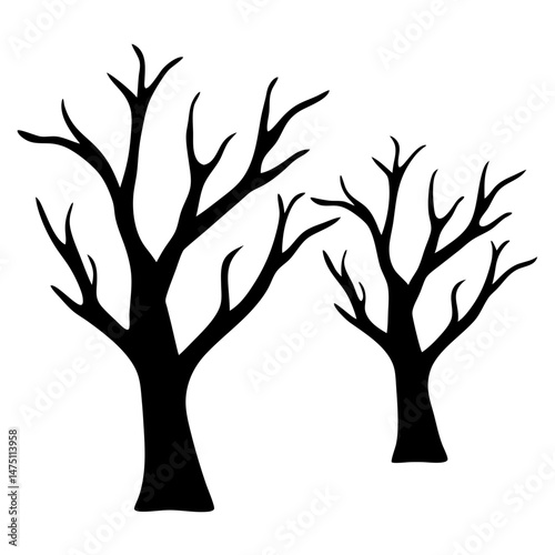 Two black trees with bare branches isolated on a white background
