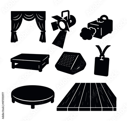 Theatrical stage silhouette icons set – drama, performance, and theater elements