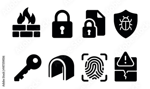 Data security silhouette icons set – simple, protection and privacy symbols