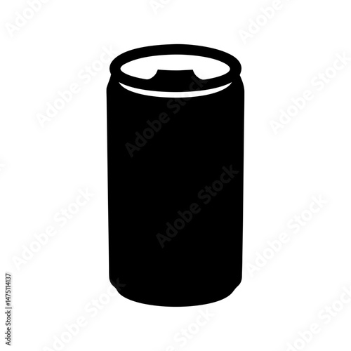 A solitary black silhouette of a soda can against a plain white background