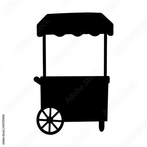 Silhouette of a vintage food cart with wheels and awning