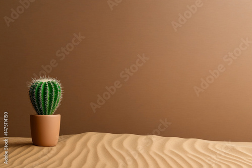 Minimal desert composition with a lone cactus and rippled sand in soft light