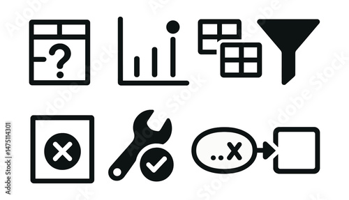 Data cleaning icons set – silhouette, simplification and organization symbols