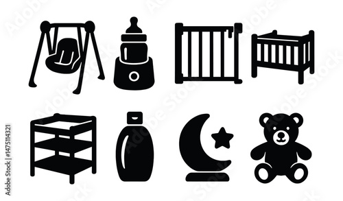 Childcare essentials silhouette icons set – baby, parenting and nursery symbols