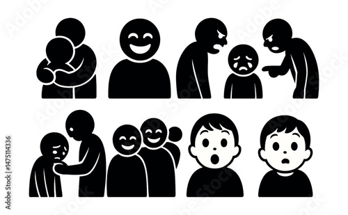 Family emotion silhouette icons set – simple, expressive and mood symbols