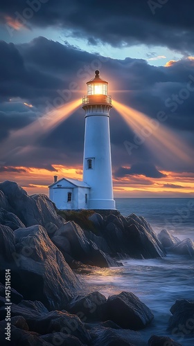 Coastal lighthouse guiding light across the ocean at sunset