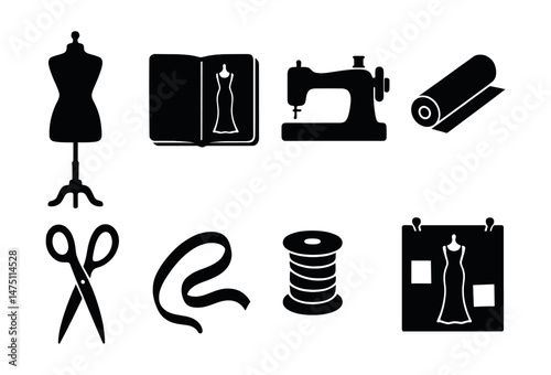 Fashion studio essentials icons set – silhouette, design and tailoring symbols