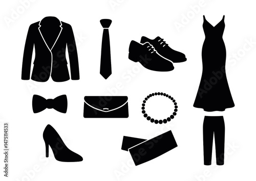Formal attire icons set - silhouette, elegant fashion and stylish wardrobe symbols