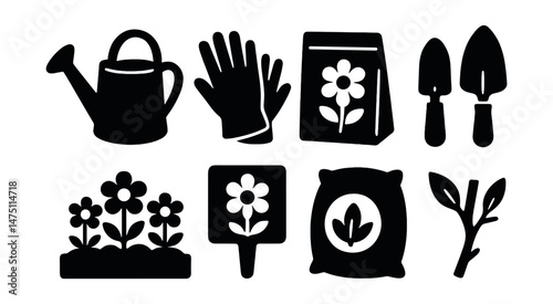 Garden tools icons set – silhouette, gardening and outdoor equipment symbols