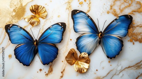 Blue Butterflies on Golden Marble Background