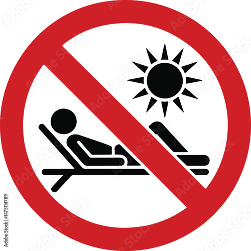 No Sunbathing Sign Sunbathing black silhouette with lounger and sun and red slash, embodying safety and leisure control in a minimalist vector